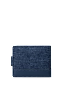 Navy blue wallet featuring a textured fabric front and smooth leather base. Compact design with a side tab for easy opening.