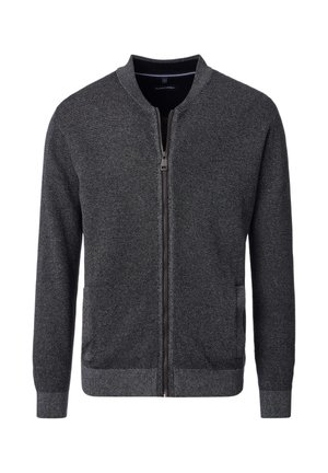 Dunkelgrauer gestrickter Reißverschluss-Cardigan mit gerippten Bündchen, Saum und Kragen, ausgestattet mit zwei vorderen Taschen und einem kleinen Markenlabel im Kragen.