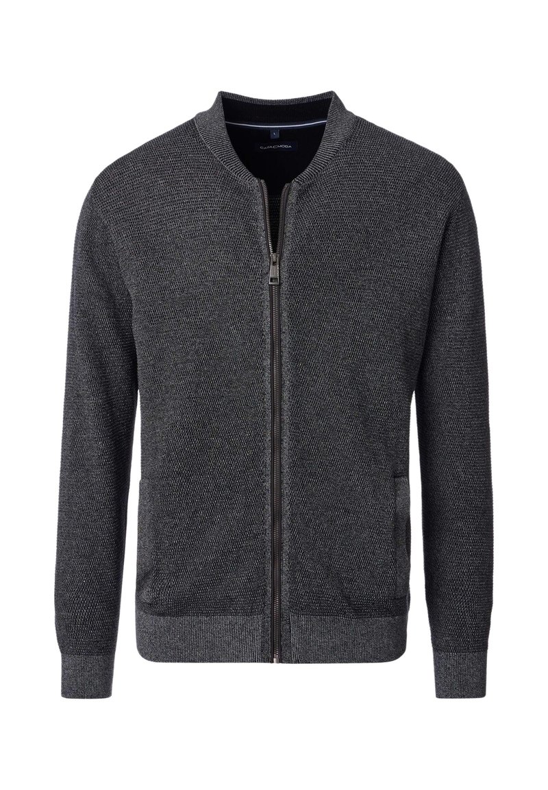 Dunkelgrauer gestrickter Reißverschluss-Cardigan mit gerippten Bündchen, Saum und Kragen, ausgestattet mit zwei vorderen Taschen und einem kleinen Markenlabel im Kragen.
