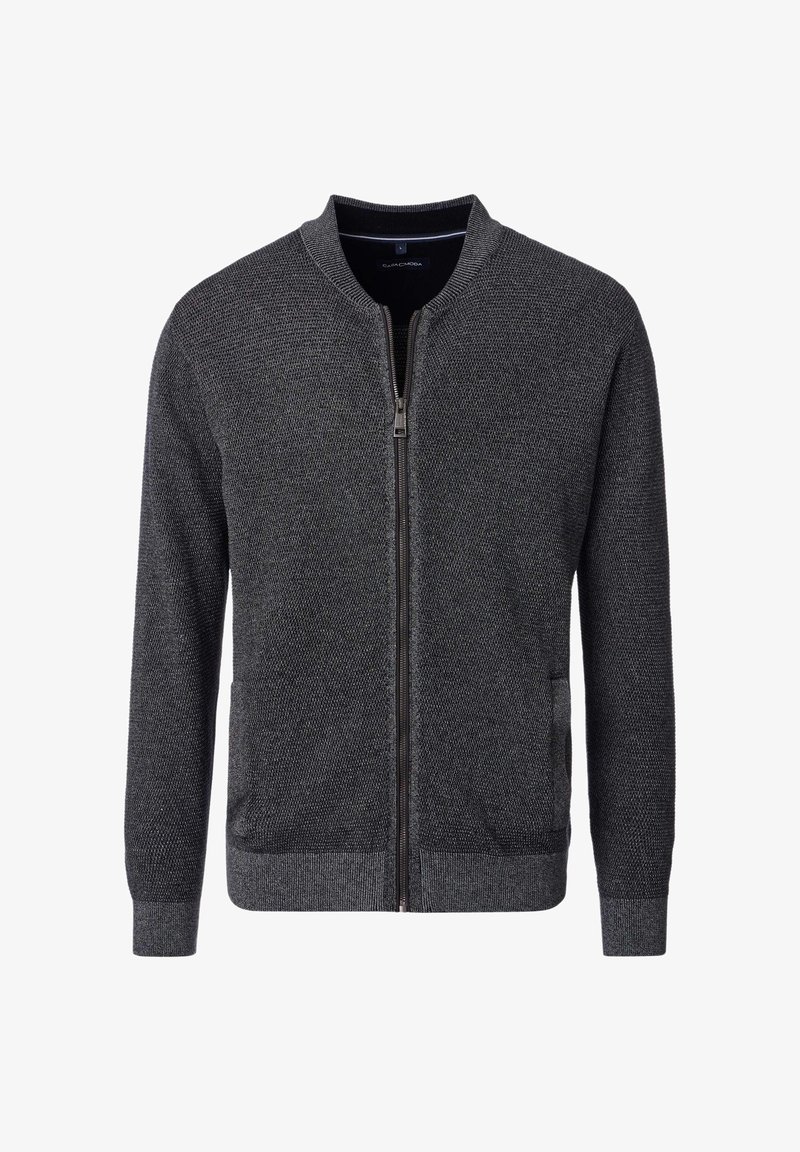 Cardigan zip grigio scuro a maglia con polsini, orlo e colletto a coste, dotato di due tasche frontali e una piccola etichetta del marchio all'interno del colletto.