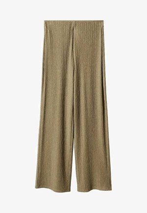 Ensemble deux pièces texturé vert olive, comprenant un haut à manches courtes avec un motif en losange et un pantalon taille haute assorti.