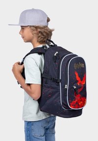 Batoh s motivem Harryho Pottera v tmavé látce s červenými akcenty, s designem fénixe a několika zipovými přihrádkami. Nastavitelné popruhy.