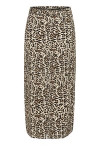 Sukňa s leopardím vzorom v béžovej a hnedej farbe, s priliehavým strihom, pravidelným pásom a dĺžkou po kolená, vyrobená z textúrovaného materiálu.