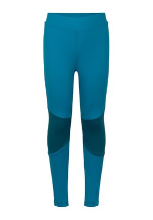 Blue athletic leggings with darker blue knee panels, high waist, and full-length legs shown on a white background.