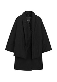 Black, lightweight outerwear with a structured, open-front design, wide sleeves, and a textured fabric. No visible fastenings or embellishments.