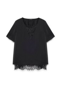 Maglietta nera a maniche corte con scollo a V. Presenta un inserto in pizzo floreale e un orlo in pizzo ondulato. Tessuto dalla texture liscia.