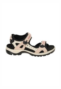Light pink and black sandal with adjustable straps, mesh panels, textured insole, and rugged black outsole for traction.