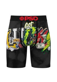 Boxeri negri, cu un design grafic colorat, prezent�ând simboluri precum zaruri, bani și text. Realizați dintr-un material elastic, cu un bandă logo.