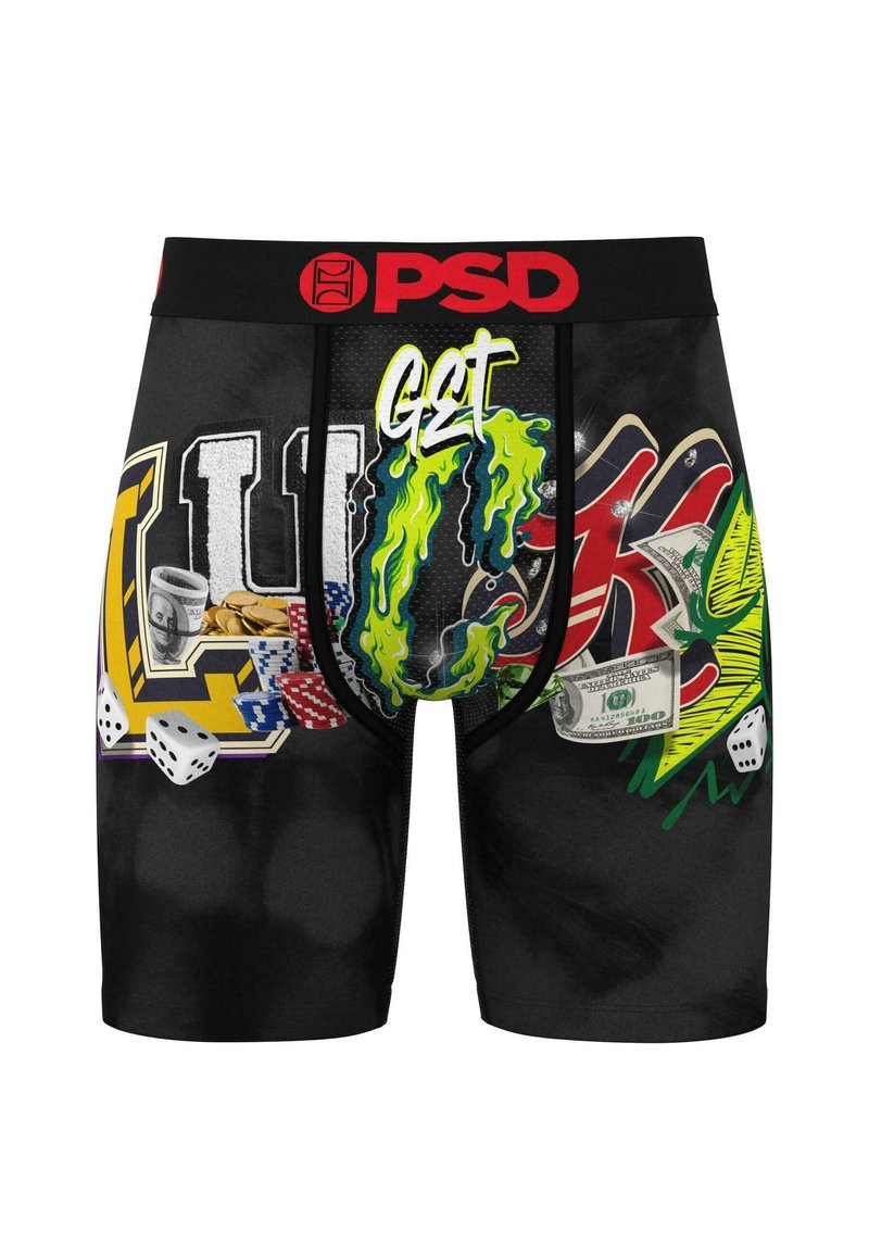 Boxeri negri, cu un design grafic colorat, prezentând simboluri precum zaruri, bani și text. Realizați dintr-un material elastic, cu un bandă logo.
