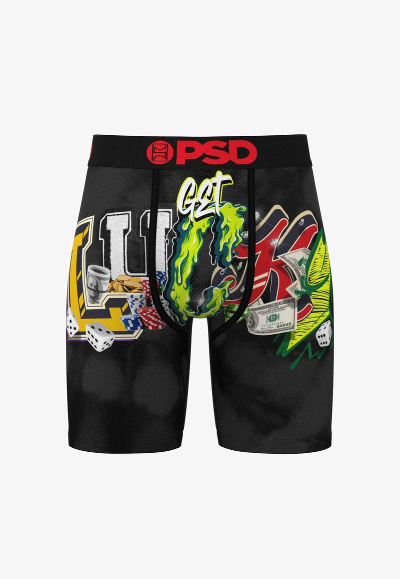 Boxers noirs mettant en avant un design graphique coloré comportant des symboles tels que des dés, de l'argent et des inscriptions. Fabriqués à partir d'un matériau extensible avec une ceinture logo.