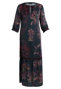 Lång, mörk blommig klänning med trekvartsärmar, en rynkad kjol och en knytkrage. Har livliga rosa och gröna botaniska mönster.