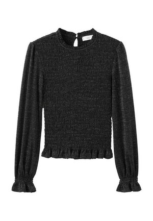 Top nero a maniche lunghe con design smock, orlo arricciato e polsini. Presenta una apertura a forma di chiave sul retro e un tessuto testurizzato con un leggero luccichio.