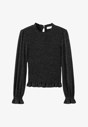 Crni dugorangasti top s nabranim dizajnom, naboranim rubom i manžetama. Ima izrez u obliku ključa na leđima i teksturiranu tkaninu s suptilnim sjajem.