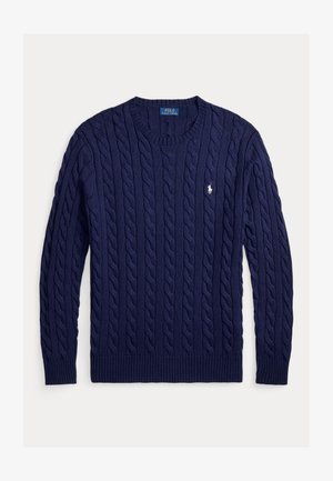 Pull bleu marine à col rond en maille torsadée, manches longues, avec petit logo Polo Ralph Lauren blanc brodé sur la poitrine.