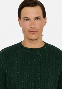 Dunkelgrüner Strickpullover mit einem strukturierten Zopfmuster und bunten Sprenkeln. Klassischer Rundhalsausschnitt und gerippte Bündchen.