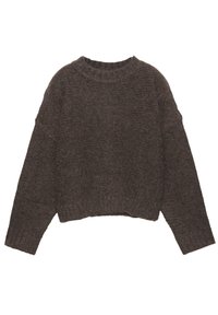Maglione marrone lavorato a maglia, leggero, con collo rotondo, spalle scese e design corto. Presenta un motivo strutturato su tutta la superficie.