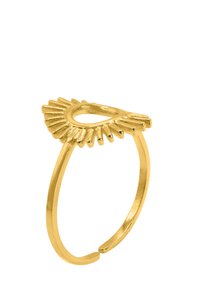 Goldring mit einem Sonnenstrahlen-Design oben, offenem Band und glatter Oberfläche. Die Form ist abstrakt mit spitzen Akzenten, die nach außen strahlen.