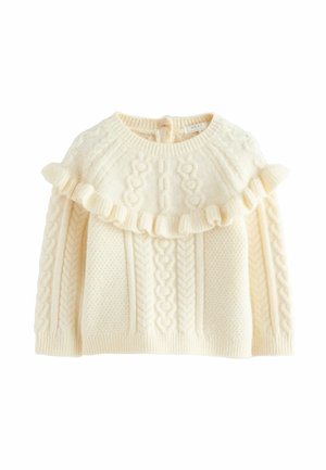 Pulover din tricot crem, cu modele în cablu și un detaliu texturat cu volan la nivelul gâtului. Guler rotund și închidere cu nasturi la spate.