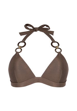 Brązowy bikini top z prążkowanej tkaniny z wiązaniem na szyję i dekoracyjnymi podwójnymi pierścieniami na ramiączkach.