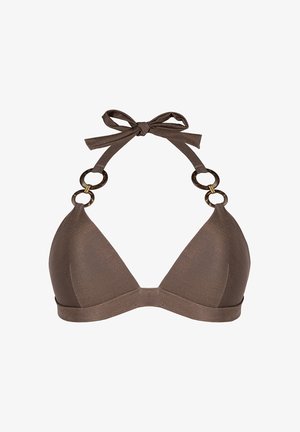 Brązowy bikini top z prążkowanej tkaniny z wiązaniem na szyję i dekoracyjnymi podwójnymi pierścieniami na ramiączkach.