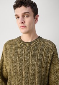 Megzta palaidinė tamsiai geltona su tekstūriniu šviesios herringbone raštu. Turi apvalų kaklo iškirpimą ir raglan tipo rankoves. Minkšta medžiaga, laisvas siluetas.