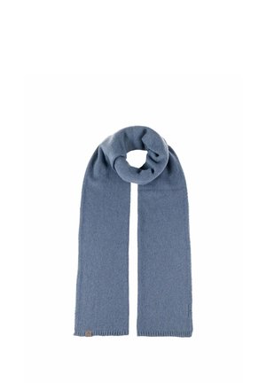 Soft blue knit wool scarf folded with a loop at the center, displayed on a white background.