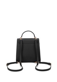 Sac à main en cuir noir au design structuré, avec une anse supérieure et des bretelles réglables. Comprend des accents en matériel en or rose.