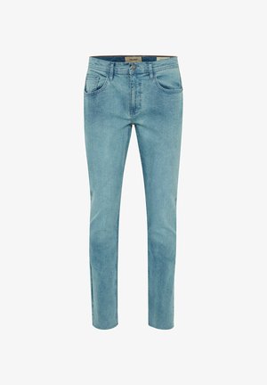 Svetlomodré džínsové nohavice so rovnom strihom, piatimi vreckami, jemným šitím a klasickým gombíkovým zapínaním v páse.