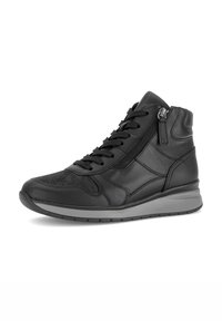 Zwarte hoge sneakers van glad en gestructureerd leer, met een vetersluiting aan de voorkant, een zijrits en een contrasterende grijze zool.
