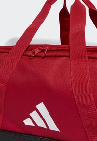 Bolsa de gimnasio de tela roja con dos resistentes asas rojas, cierre con cremallera y un logo triangular blanco en el lateral. Material texturizado, diseño compacto.