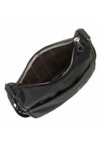 Borsa nera in nylon con apertura zip, caratterizzata da una texture liscia e un design semplice e funzionale. L'interno ha una fodera a motivo discreto.