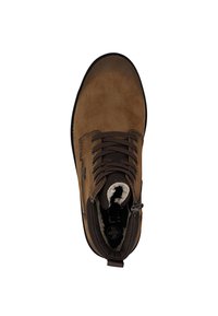 Stivale in pelle marrone per l'inverno con suola nera, chiusura con lacci, cerniera laterale e rivestimento in morbido pile interno.