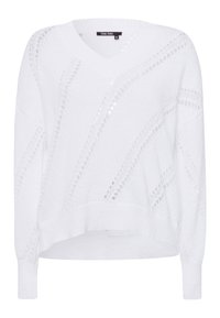 Weißer Strickpullover mit V-Ausschnitt, der mit offenen Mustern und gerippten Bündchen gestaltet ist. Lockere Passform mit verkürztem Saum. Weiche Textur.