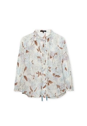 Floral blouse featuring a lightweight, sheer fabric in cream, with light blue and brown flower patterns, ruffled front, and ties at the neckline.