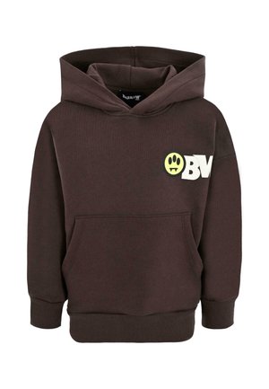 Bruine hoodie gemaakt van een katoenmix, met een voorzak, geribbelde manchetten en een gele glimlachende graphic met tanden en een wit logo.