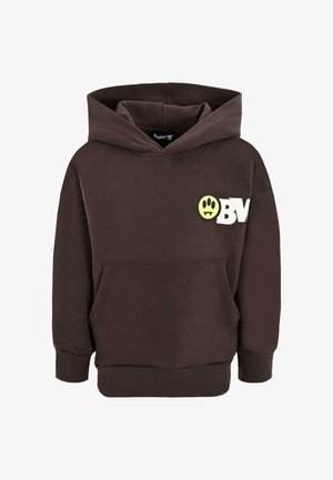 Bruine hoodie gemaakt van een katoenmix, met een voorzak, geribbelde manchetten en een gele glimlachende graphic met tanden en een wit logo.