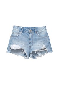 Denim shorts in light blue with distressed rips, frayed hem, two front pockets, and a button closure at the waist.