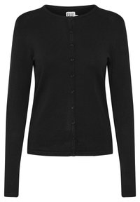 Schwarze Strickjacke mit langen Ärmeln, rundem Ausschnitt und Knopfverschluss. Sie hat eine glatte Textur und eine figurnahe Passform.