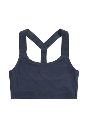 Granatowy sportowy biustonosz z grubymi ramiączkami typu racerback, elastyczna taśma u dołu z delikatnym napisem logo, bezszwowa konstrukcja.