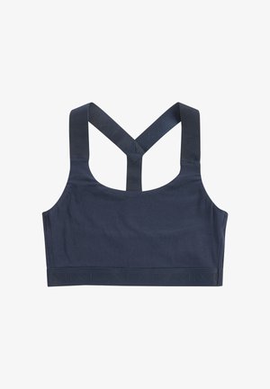 Tengerészkék sportmelltartó vastag versenyháti pántokkal, rugalmas szegéllyel, diszkrét logós felirattal, varrás nélküli kialakítás.