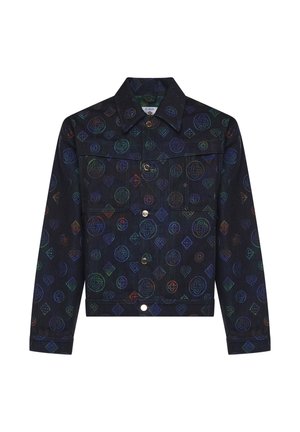 Veste en denim noire avec motifs géométriques multicolores et cœurs, fermeture à boutons sur le devant, deux poches poitrine, et col pointu.