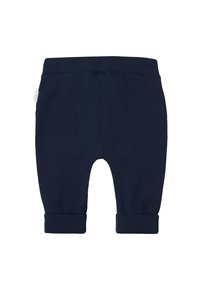 Donkerblauwe zachte katoenen peuterbroek met een elastische tailleband, opgerolde manchetten en een gladde textuur. Eenvoudig ontwerp, geen patronen of metalen onderdelen.
