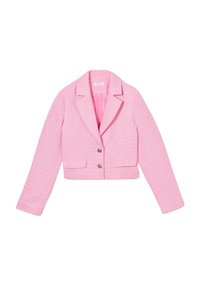 Blazer rose court en tissu texturé avec col cranté, deux poches avant et deux boutons argentés pour la fermeture. Intérieur doublé.