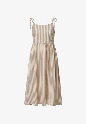 Robe en lin rayée avec des bretelles réglables, présentant des rayures verticales beiges et blanches et un design de jupe évasée.