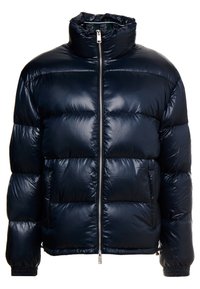 Veste matelassée en marine foncé, fabriquée à partir d'un matériau brillant. Dispose d'un col montant, d'une fermeture éclair frontale et de poignets élastiques.