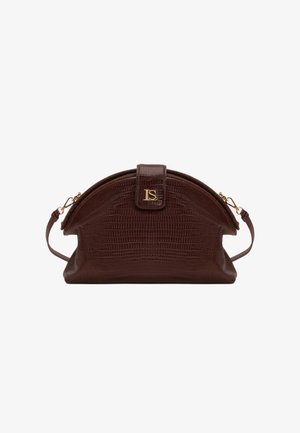 Braune Handtasche mit Krokodilprägung, abgerundetem Oberteil, goldenen Hardware und einem Frontverschluss. Sie verfügt über einen abnehmbaren Schultergurt.