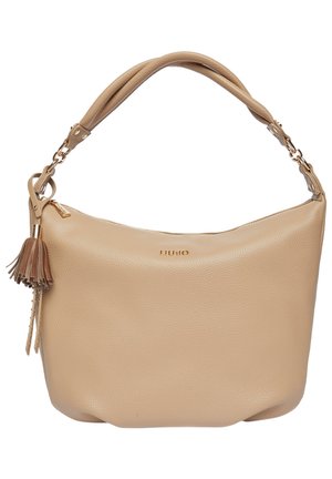 Beige Leder-Schultertasche mit zwei Griffen, goldfarbenen Metallteilen, Quasten-Detail und "LIU JO"-Logo auf der Vorderseite.
