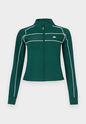 Tmavě zelená bunda s dlouhým rukávem na zip, s bílým lemem podél rukávů a hrudi, s malým bílým logem na levé straně hrudi.