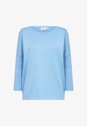 Světle modrý svetr s dlouhým rukávem a kulatým výstřihem. Hladký materiál trupu a žebrovaná textura rukávů. Štítek označen "Saint," velikost M.