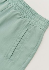 Hellgrüne, leichte Shorts mit einem elastischen Bund und einer seitlichen Reißverschlusstasche. Glatte Textur und lässige Passform.
